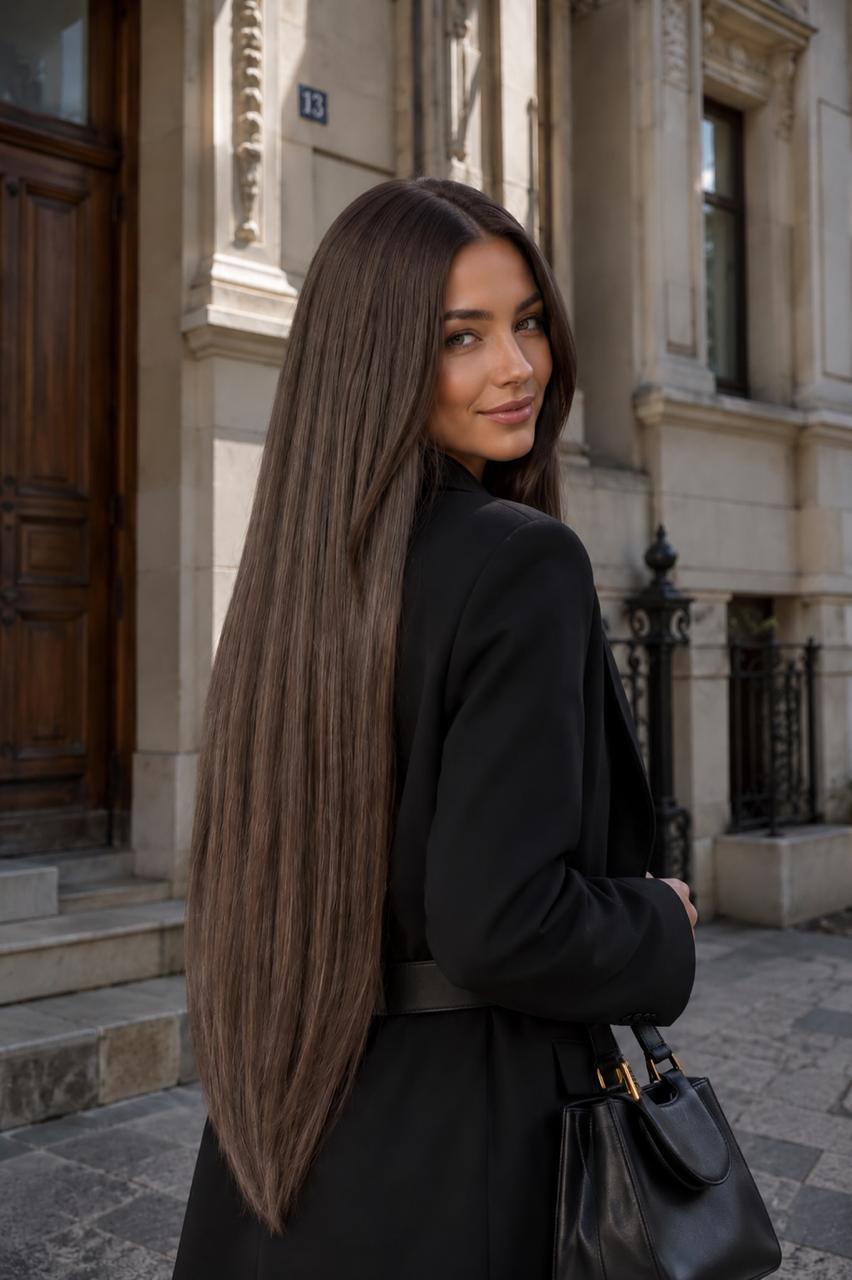 Włosy Seamless Clip-In 60 cm Prague Bronze na modelce – chłodny popielaty brąz, widok z przodu