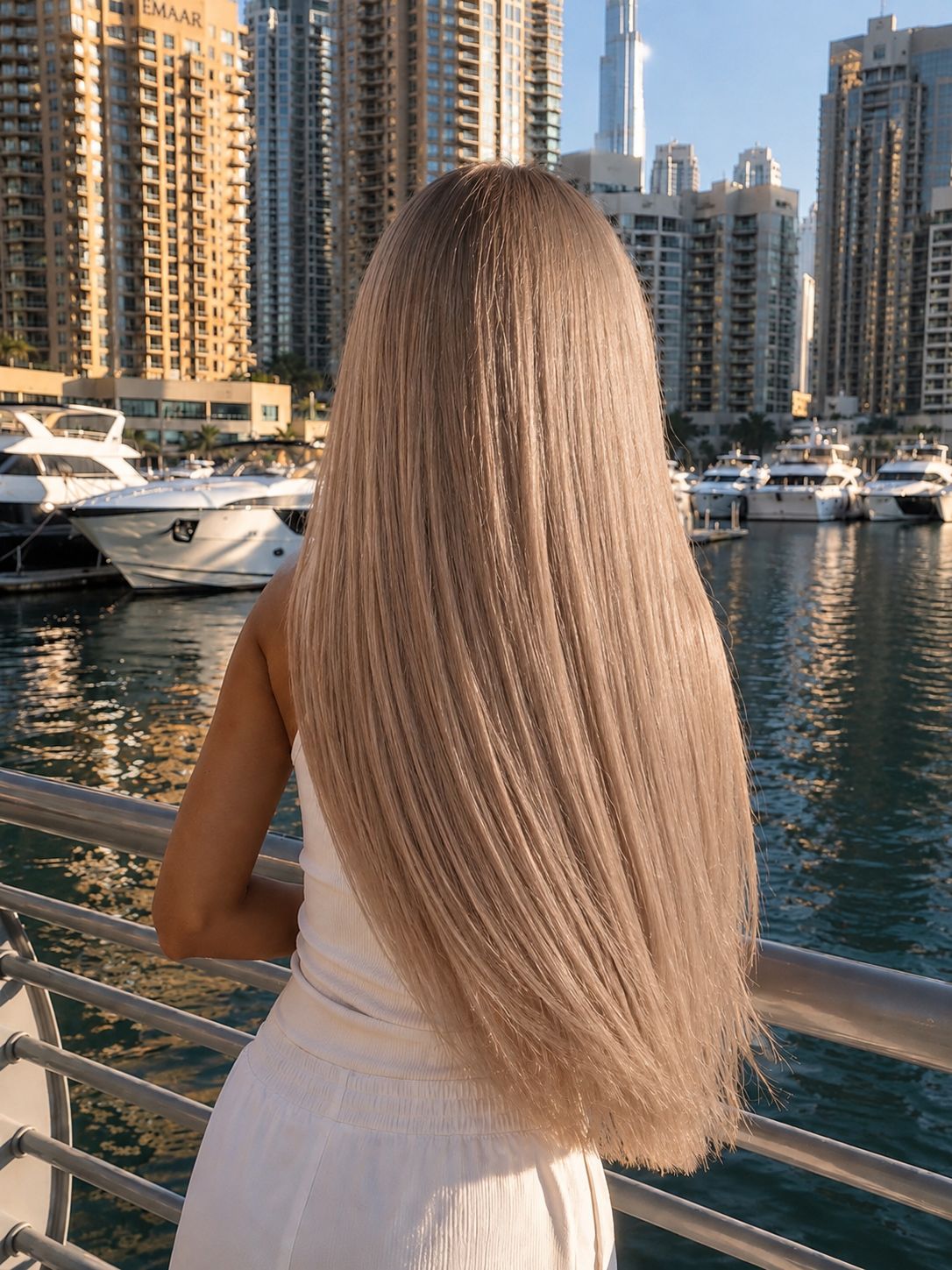 Włosy Seamless Clip-In 55 cm Dubai Honey na modelce – złoty beż z ciepłymi refleksami, widok z tyłu
