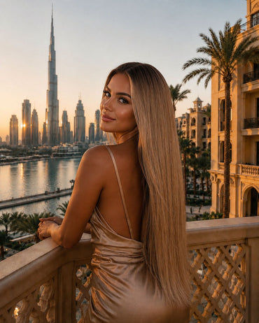 Włosy Seamless Clip-In 60 cm Dubai Honey na modelce – złoty beż z ciepłymi refleksami, widok z przodu