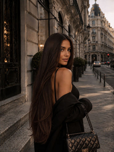 Włosy Seamless Clip-In 60 cm Madrid Cocoa na modelce – głęboki ciemny brąz, widok z przodu