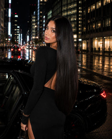 Włosy Seamless Clip-In 60 cm Tokyo Night na modelce – głęboki ciemny brąz, widok z przodu
