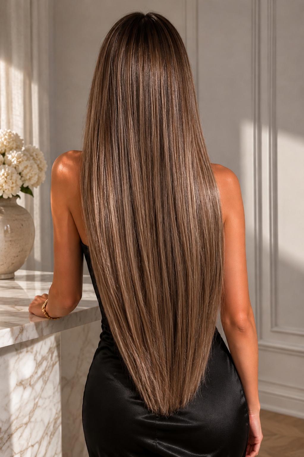 Włosy doczepiane Seamless Clip-In 60 cm Monaco Blend – długie gęste włosy z brązowo-beżowym balayage, widok z tyłu