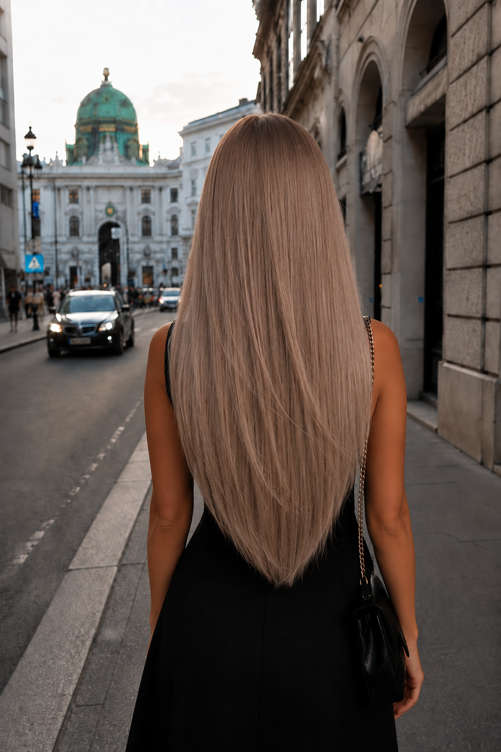 Włosy doczepiane Seamless Clip-In 50 cm Vienna Ash – długie włosy w beżowym blondzie, widok z tyłu
